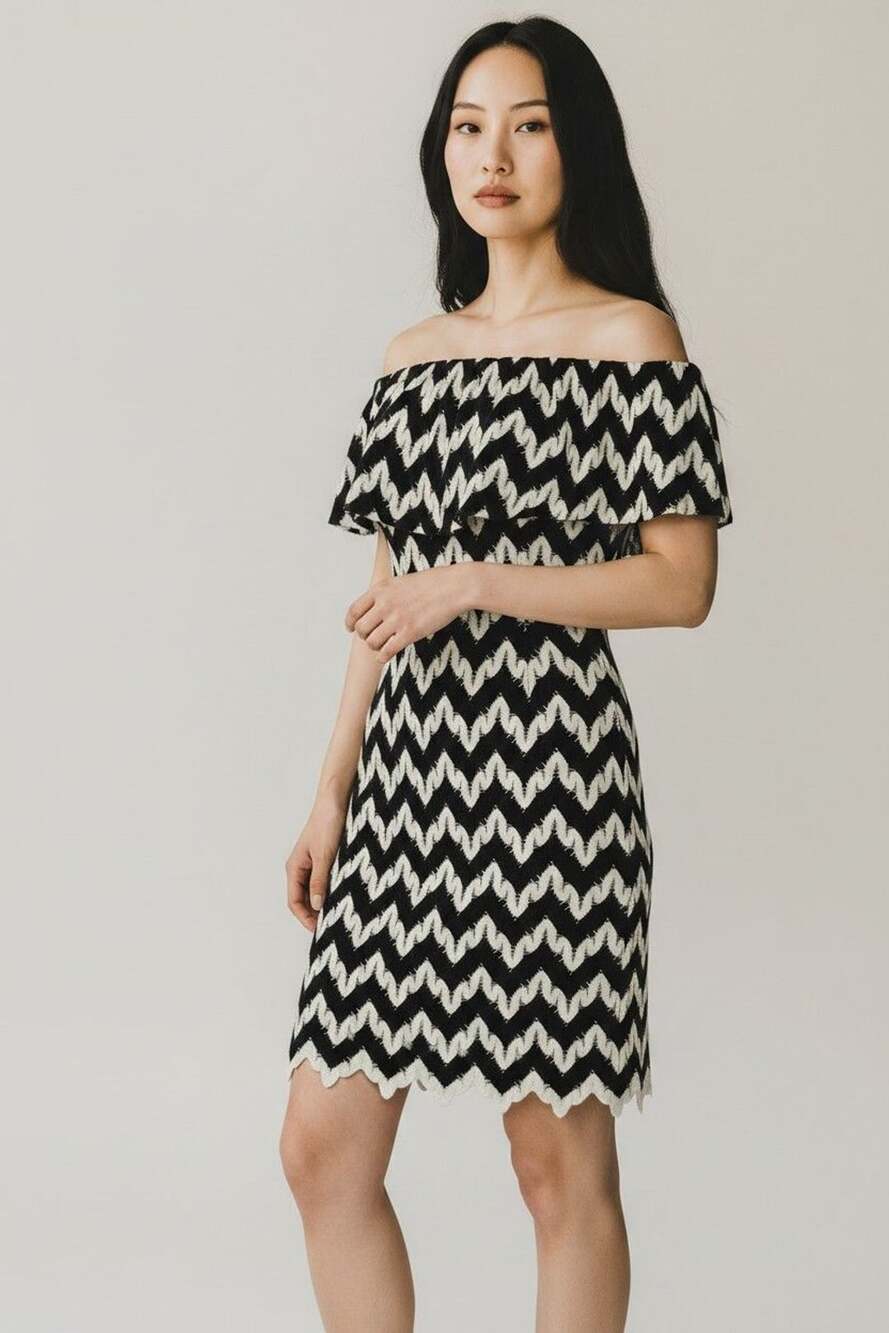 Judith March Black and White Chevron Off-The-Shoulder Ruffle Mini Dress